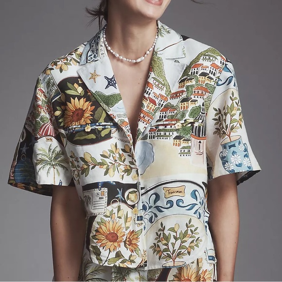FARM Rio Tops - FARM Rio Short-Sleeve Linen Printed Buttondown Shirt Size XXS NWT